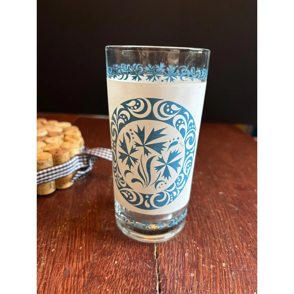 Vintage Frosted Blue Floral Medallion Drinking Glass Tumbler Mid Century Modern